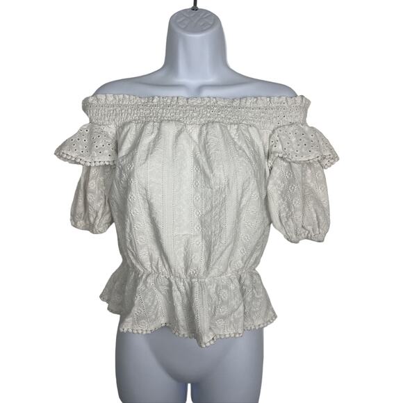 JOA Top Size S White Eyelet Off The Shoulder Short Sleeve Peplum - Picture 1 of 9
